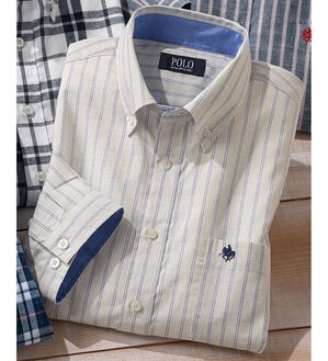 「＜ポロ・ビーシーエス＞麻入りさらさら７分袖シャツ（メンズシャツ）」｜アイボリーストライプ