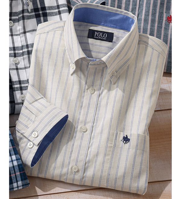 「＜ポロ・ビーシーエス＞麻入りさらさら７分袖シャツ（メンズシャツ）」｜アイボリーストライプ