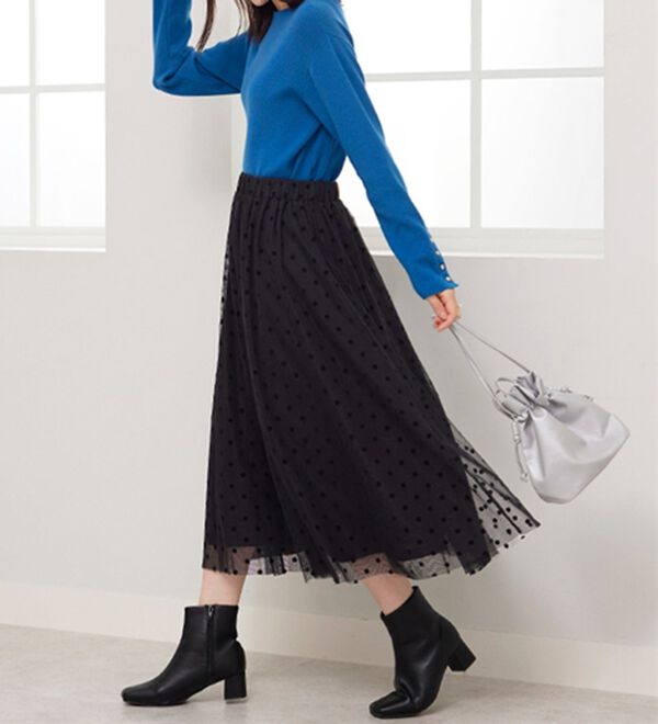 BELLUNA（ベルーナ）の「ドットフロッキーチュール重ねスカート（ロングスカート）」｜詳細画像