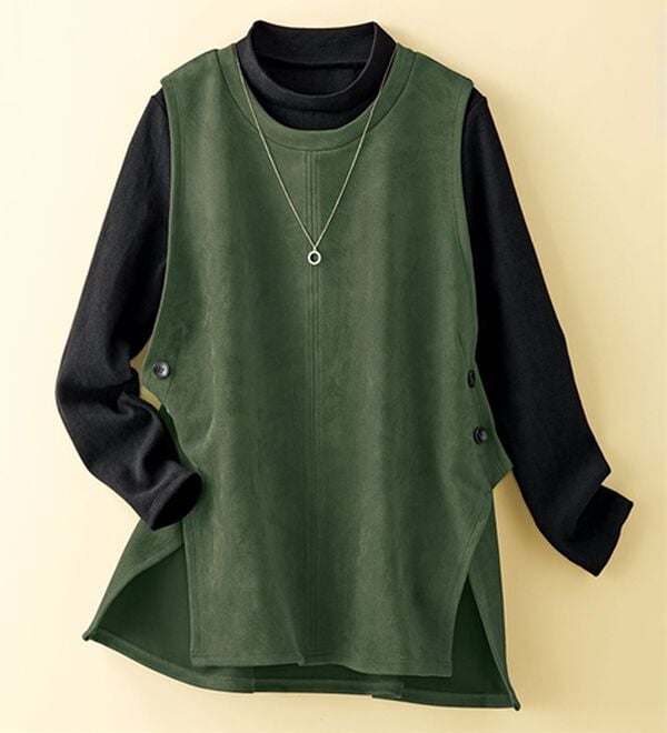 BELLUNA（ベルーナ）の「スエード調素材ベストアンサンブル（アンサンブル）」｜カーキ