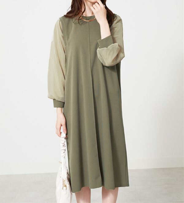 BELLUNA（ベルーナ）の「シアー袖デザインワンピース（その他ワンピース）」｜オリーブ系