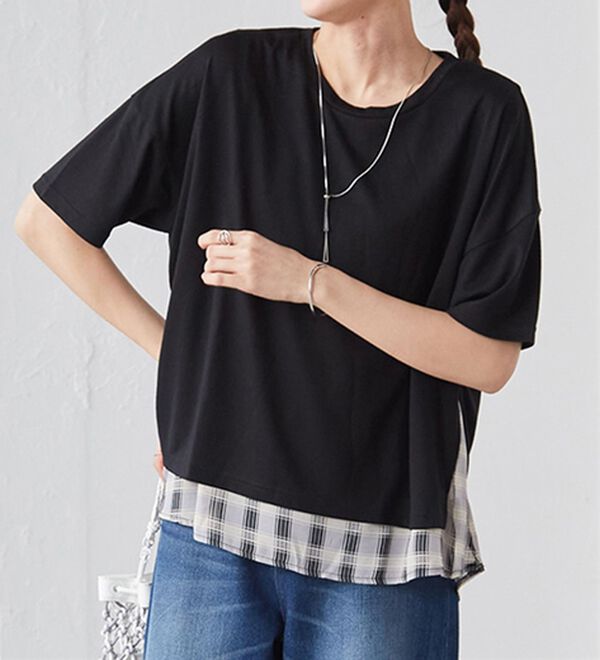 RANAN（ラナン）の「チェック柄異素材使いTシャツ（カットソー）」｜詳細画像