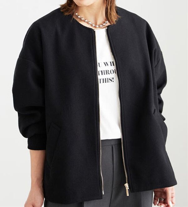 BELLUNA（ベルーナ）の「【ｍａｋｏさんコラボ】ウール調ノーカラーブルゾン（ブルゾン）」｜黒