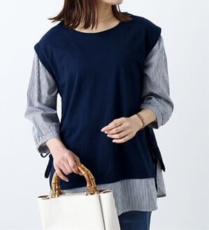 BELLUNA（ベルーナ）の「サイドリボン使いシャツフェイクチュニック（チュニック）」｜ネイビー系