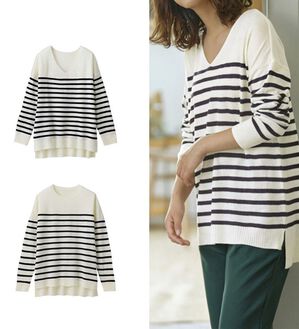 RANAN（ラナン）の「Ｖネックカシミヤタッチニット（ニット・セーター）」｜細ホワイトボーダー