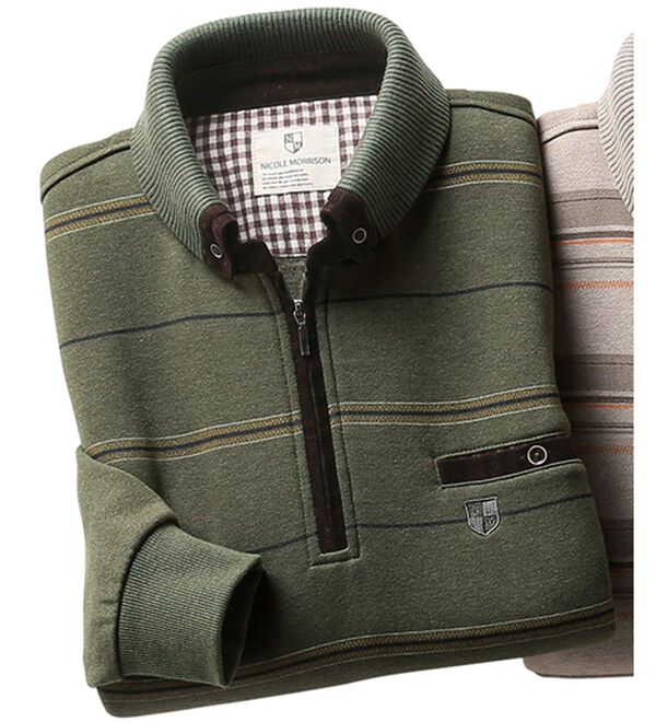 「＜ニコル　モリソン＞暖か衿デザイントレーナー　ボーダー（メンズトレーナー）」｜カーキ(ボーダー)