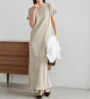 RANAN（ラナン）の「アシメネックハーフスリーブリブワンピース（その他ワンピース）」｜ベージュ