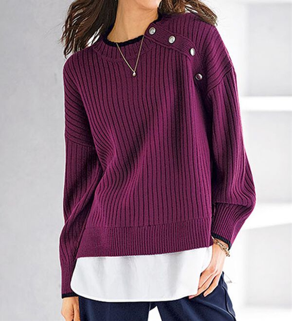 BELLUNA（ベルーナ）の「金ボタン使い重ね着風ニットチュニック（チュニック）」｜ラズベリー