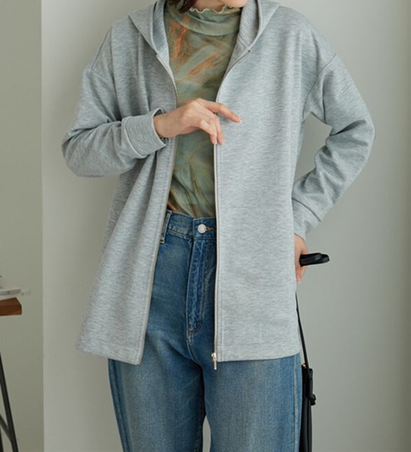 BELLUNA（ベルーナ）の「フードデザインとろみ素材ジップアップパーカー（パーカー）」｜杢グレー