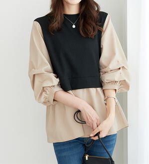 BELLUNA（ベルーナ）の「異素材切替袖タックデザインチュニック（チュニック）」｜ベージュ