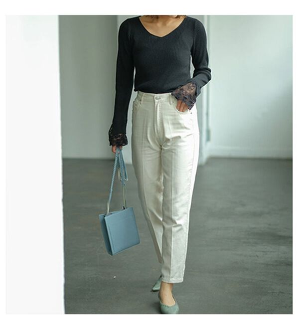 GeeRA（ジーラ）の「レース付Ｖネックリブニットトップス（ニット・セーター）」｜詳細画像