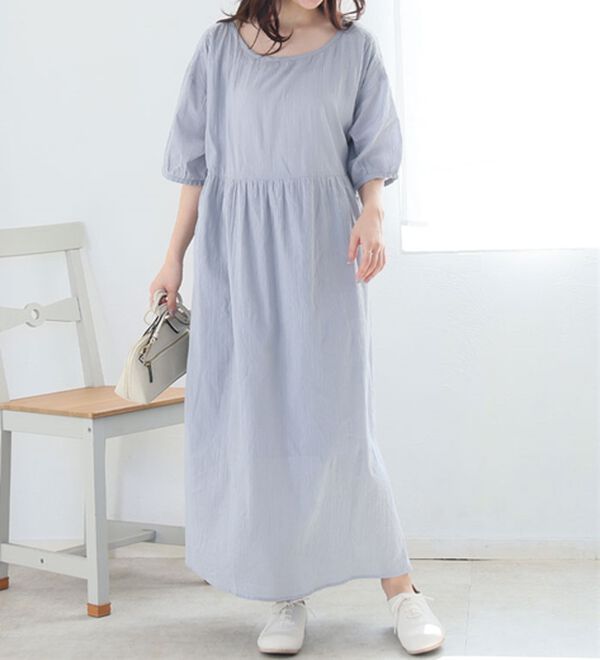 A HAPPY MARILYN（アハッピーマリリン）の「【Ｌ～６Ｌ】【風通るプレミアム】綿・楊柳、五分袖ウエスト切替ワンピース。（ロングワンピース）」｜グレー