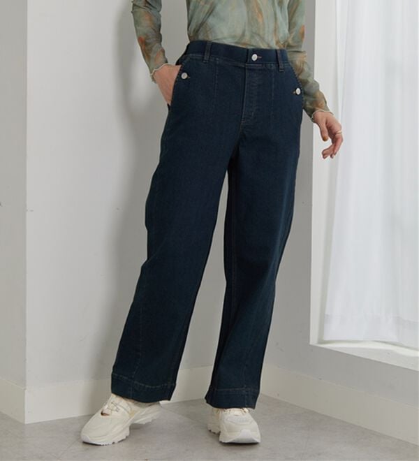 BELLUNA（ベルーナ）の「【選べる2丈】裾切替デザインワイドストレートデニム（ワイドパンツ・ガウチョ）」｜詳細画像