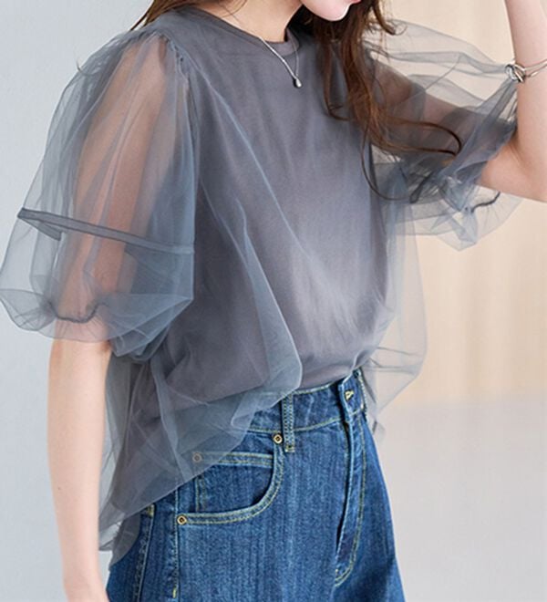 RANAN（ラナン）の「【ひんやり】チュールレイヤードパフスリーブTシャツ（カットソー）」｜詳細画像