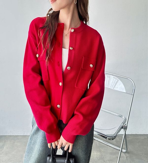 GeeRA（ジーラ）の「ロングシーズン使える！ゴールド調ボタンニットカーデ（ニットカーディガン）」｜詳細画像