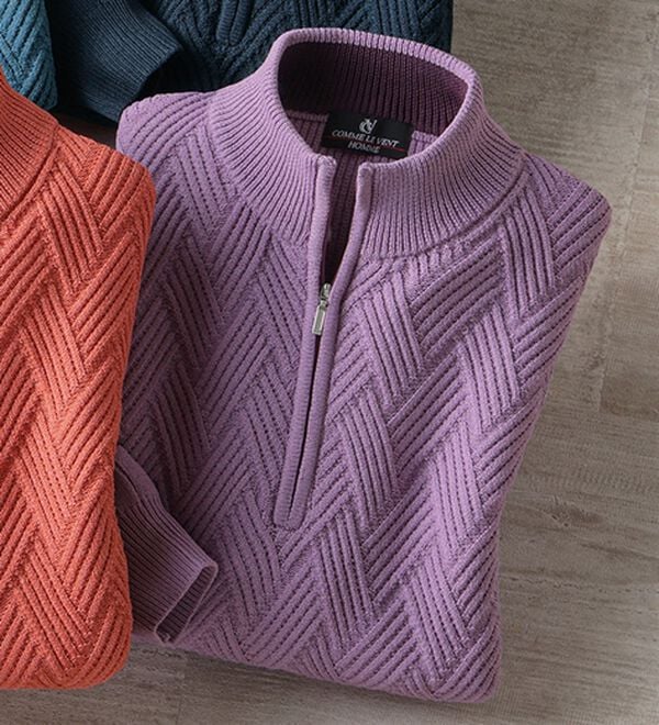 「＜コムルヴァン・オム＞トレーナー感覚で着られるハーフジップセーター（メンズニット・セーター）」｜ラベンダー