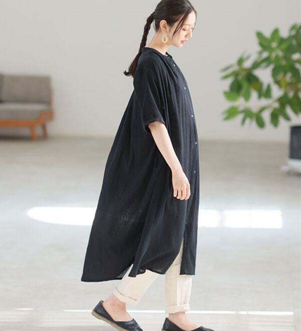 A HAPPY MARILYN（アハッピーマリリン）の「【Ｌ～６Ｌ】【風通るプレミアム】綿１００％ 楊柳 五分袖 ギャザーたっぷりワンピース（カットソーワンピース）」｜詳細画像