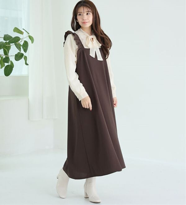 A HAPPY MARILYN（アハッピーマリリン）の「【Ｌ～６Ｌ】スポッと着られる！バックリボンｏｒ肩フリルから選べるバックデザインワンピ－ス（ジャンパースカート）」｜詳細画像