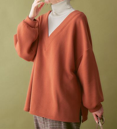オレンジ Vネック 浅 半袖チュニック