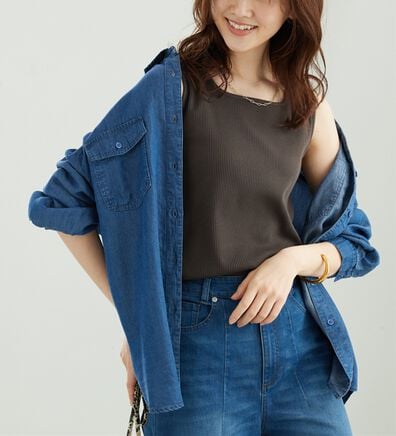 BELLUNA（ベルーナ）の「デニム素材ポケット付ゆったりシャツ（チュニック）」