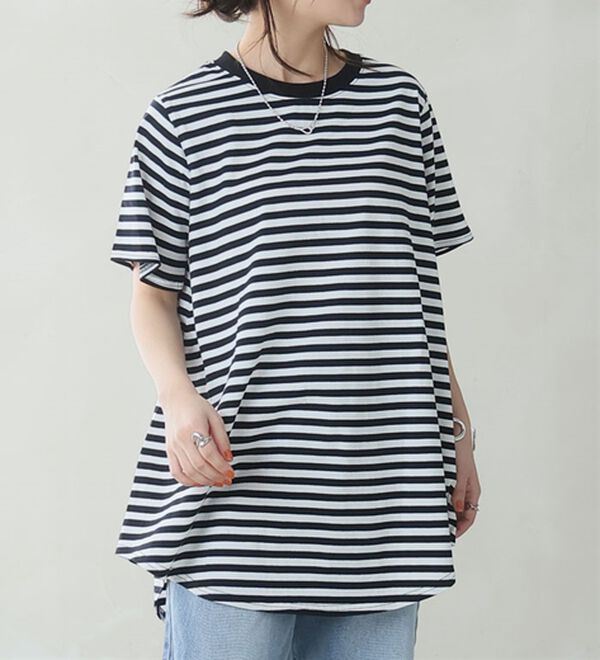 A HAPPY MARILYN（アハッピーマリリン）の「【Ｌ～９Ｌ】まるで魔法のお腹カバー、綿１００％裾フレアＴシャツ。（Tシャツ）」｜ボーダー