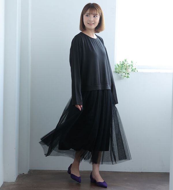 A HAPPY MARILYN（アハッピーマリリン）の「【Ｌ～６Ｌ】ゆるっと着られるチュールスカートドッキングワンピース（ドッキングワンピース）」｜詳細画像