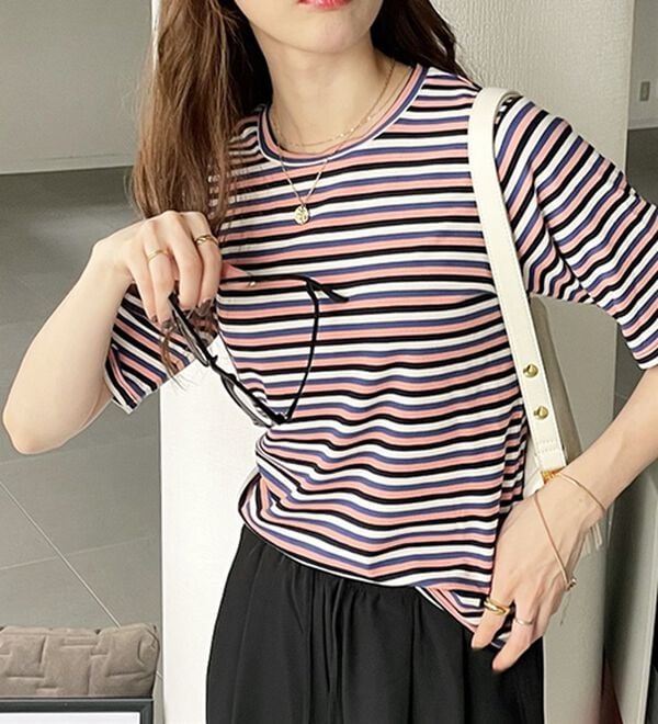 GeeRA（ジーラ）の「マルチボーダー５分袖リブカットソー（カットソー）」｜詳細画像