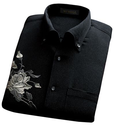 「日本製　バラ刺しゅうワンピース衿シャツ（メンズシャツ）」