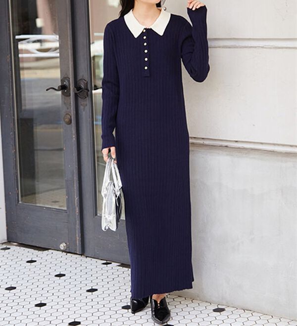 RANAN（ラナン）の「ポロカラーリブニットワンピース（ロングワンピース）」｜詳細画像