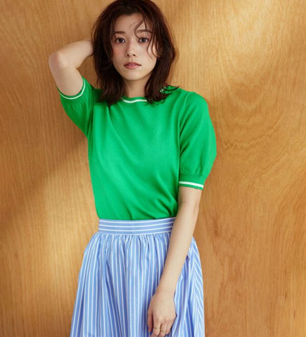 Pierrot（ピエロ）の「ライン配色パフニット（ニット・セーター）」｜グリーン×オフホワイト