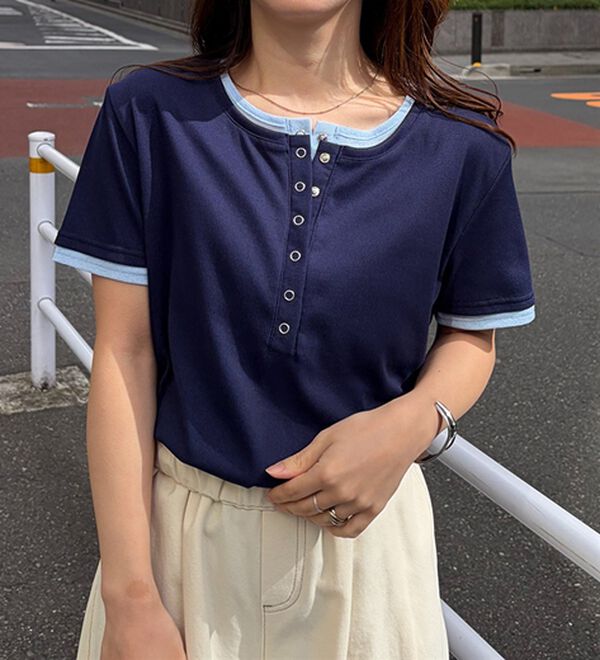 RANAN（ラナン）の「レイヤード風ヘンリーネックTシャツ（カットソー）」｜ネイビー系