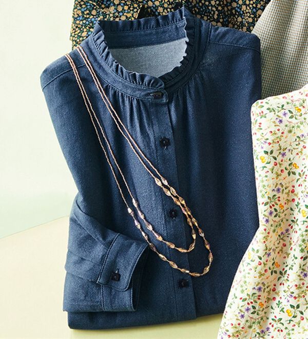 ルフラン（ルフラン）の「選べる♪綿１００％フリル衿ブラウス（ブラウス）」｜ネイビーダンガリー