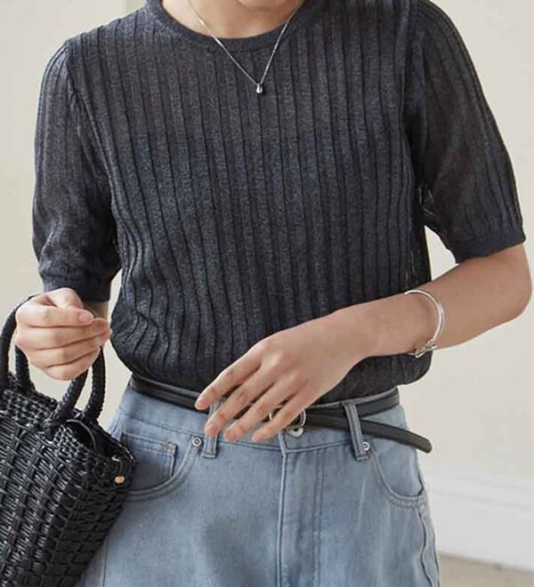 RANAN（ラナン）の「5分袖シアーラメリブニット（ニット・セーター）」｜詳細画像