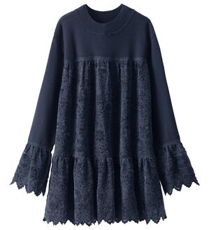 BELLUNA（ベルーナ）の「華やかレース切替ニットチュニック（チュニック）」｜ネイビー