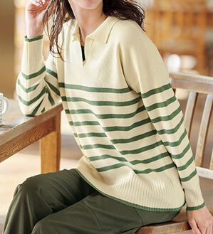 BELLUNA（ベルーナ）の「カジュアルを更新！ボーダー柄衿付セーター（ニット・セーター）」｜アイボリー／グリーン