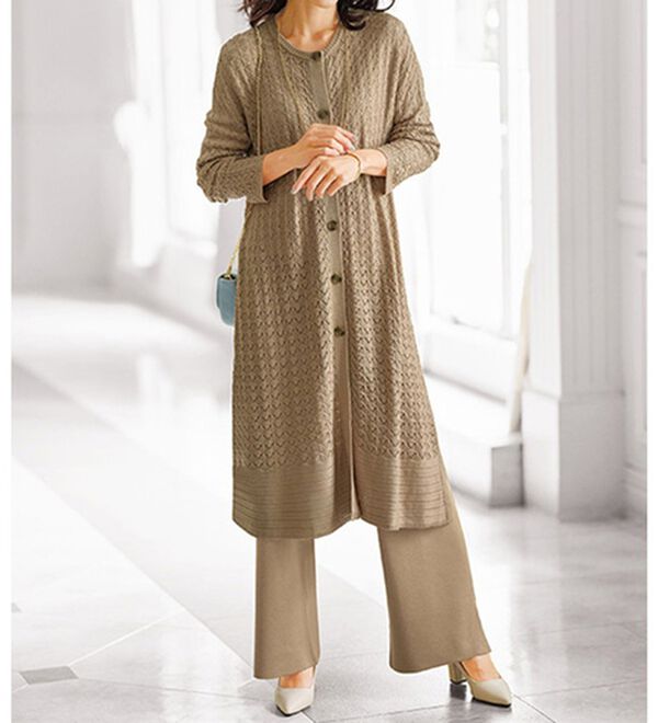 BELLUNA（ベルーナ）の「ニット素材透かし編デザインセットアップ（セットアップ）」｜ベージュ