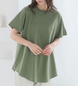 A HAPPY MARILYN（アハッピーマリリン）の「【Ｌ～９Ｌ】綿１００％！まるで魔法のお腹カバー裾フレアＴシャツ（Tシャツ）」｜カーキ