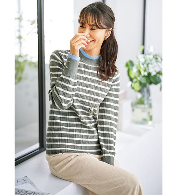 BELLUNA（ベルーナ）の「衿＆袖配色リブニットプルオーバー（ニット・セーター）」｜詳細画像