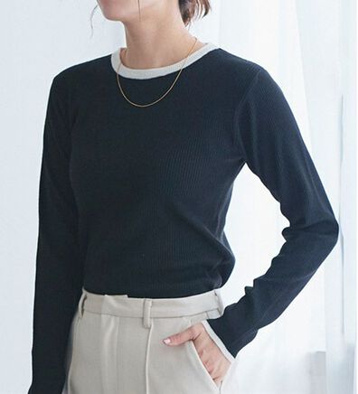 Pierrot（ピエロ）の「【選べるネック】配色リブニット（ニット・セーター）」