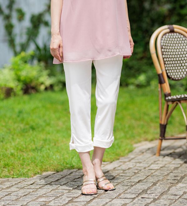 BELLUNA（ベルーナ）の「ヒンヤリ&times;サラリ速乾！綿サテンストレッチ裾リボンクロップドパンツ（クロップドパンツ）」｜詳細画像