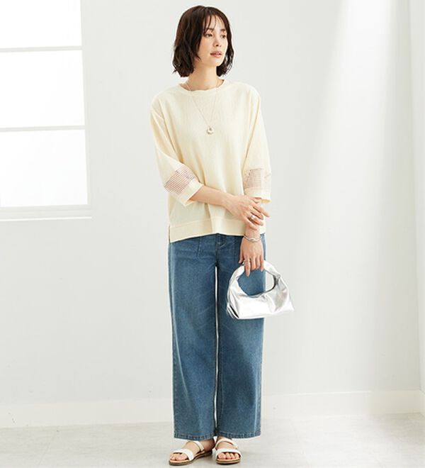 BELLUNA（ベルーナ）の「ジャカード素材袖メッシュレースプルオーバー（カットソー）」｜詳細画像