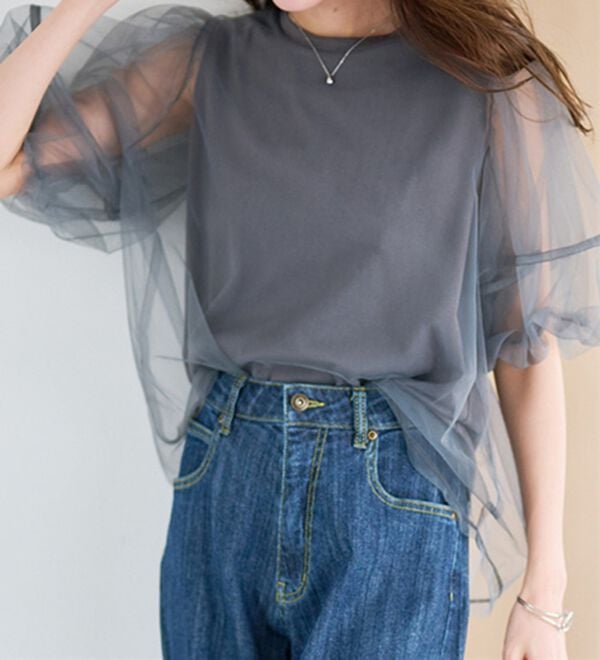 RANAN（ラナン）の「【ひんやり】チュールレイヤードパフスリーブTシャツ（カットソー）」｜詳細画像