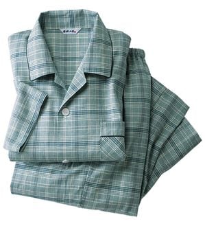 「日本製ひんやり綿１００％播州織パジャマ（メンズルームウェア）」｜グリーン