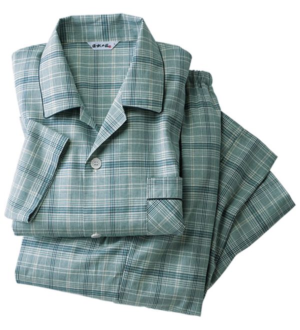 「日本製ひんやり綿１００％播州織パジャマ（メンズルームウェア）」｜グリーン