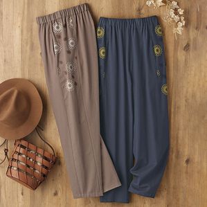 BELLUNA（ベルーナ）の「【２本組】まん丸お花刺しゅうコロンパンツ（フルレングスパンツ）」｜2本組