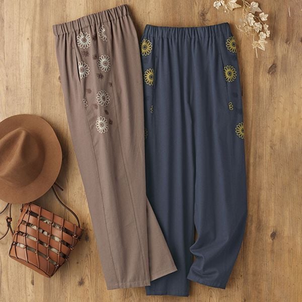 BELLUNA（ベルーナ）の「【２本組】まん丸お花刺しゅうコロンパンツ（フルレングスパンツ）」｜2本組
