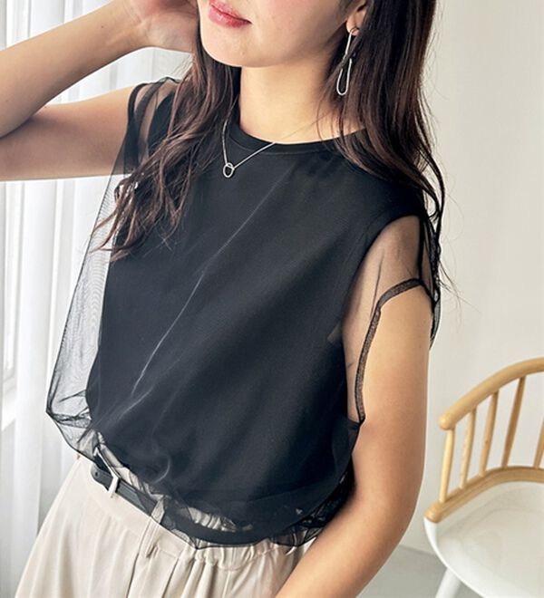 GeeRA（ジーラ）の「チュールカバーフレンチスリーブカットソー（カットソー）」｜詳細画像