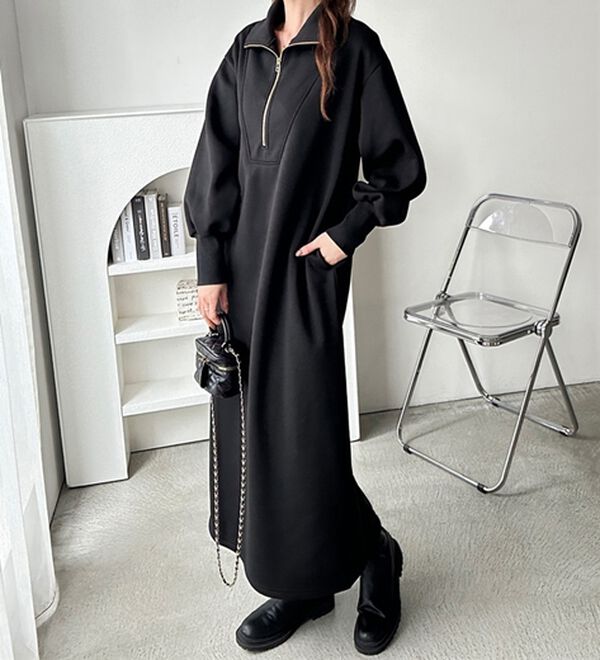 GeeRA（ジーラ）の「ハーフジップハイネック裏起毛ワンピース（カットソーワンピース）」｜詳細画像