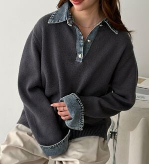 GeeRA（ジーラ）の「デニム切替フェイクレイヤードポロニット（ニット・セーター）」｜チャコール系