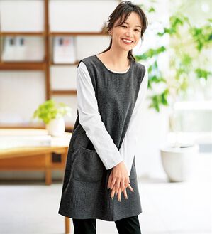 BELLUNA（ベルーナ）の「ボーダージャカード素材釦使いジャンパードレス（ジャンパースカート）」｜杢チャコール